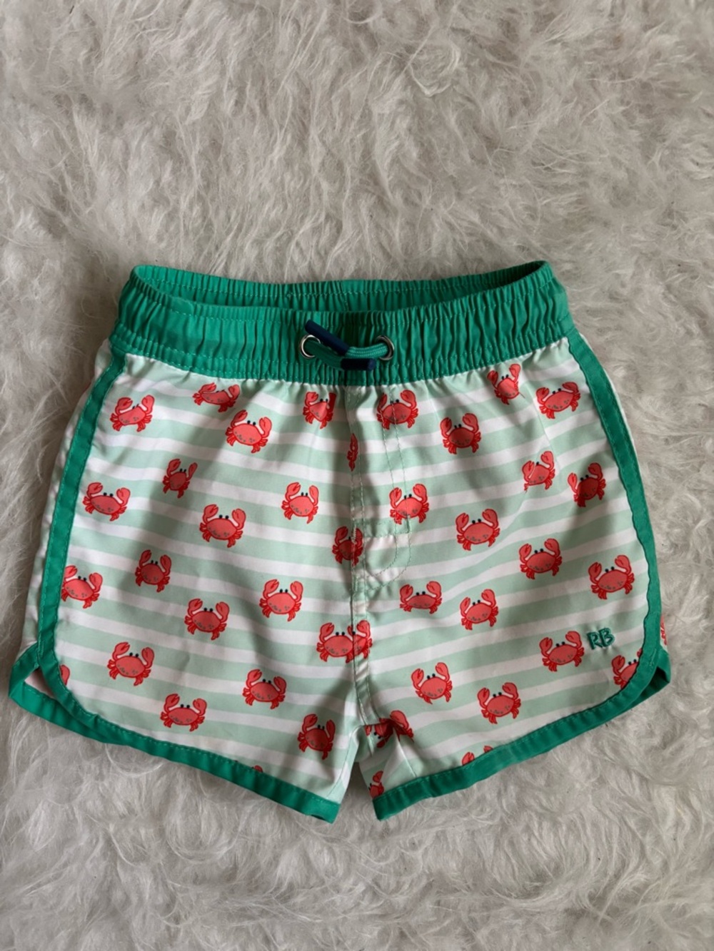 Rugged Butts Baby Green Striped Swim Trunks with Red Crab Print